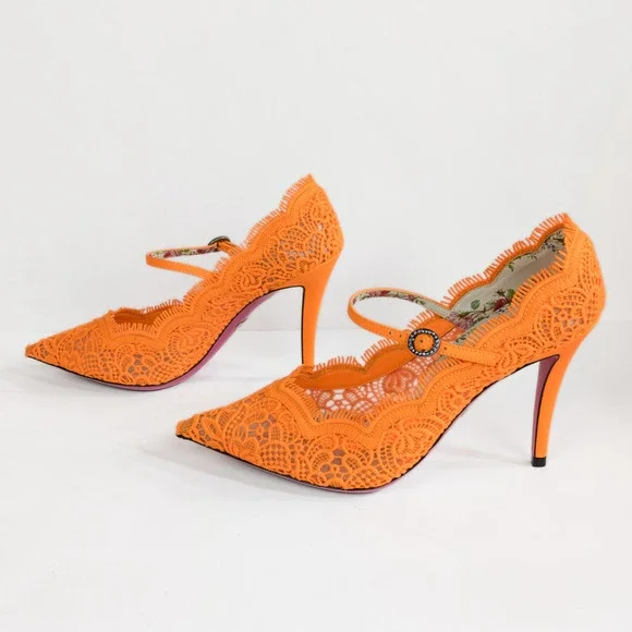 GUCCI Orange Virginia 95 mm Lace Pumps Mary Jane Pointed Toe Women's EU 37 US 7 - Picture 6 of 11